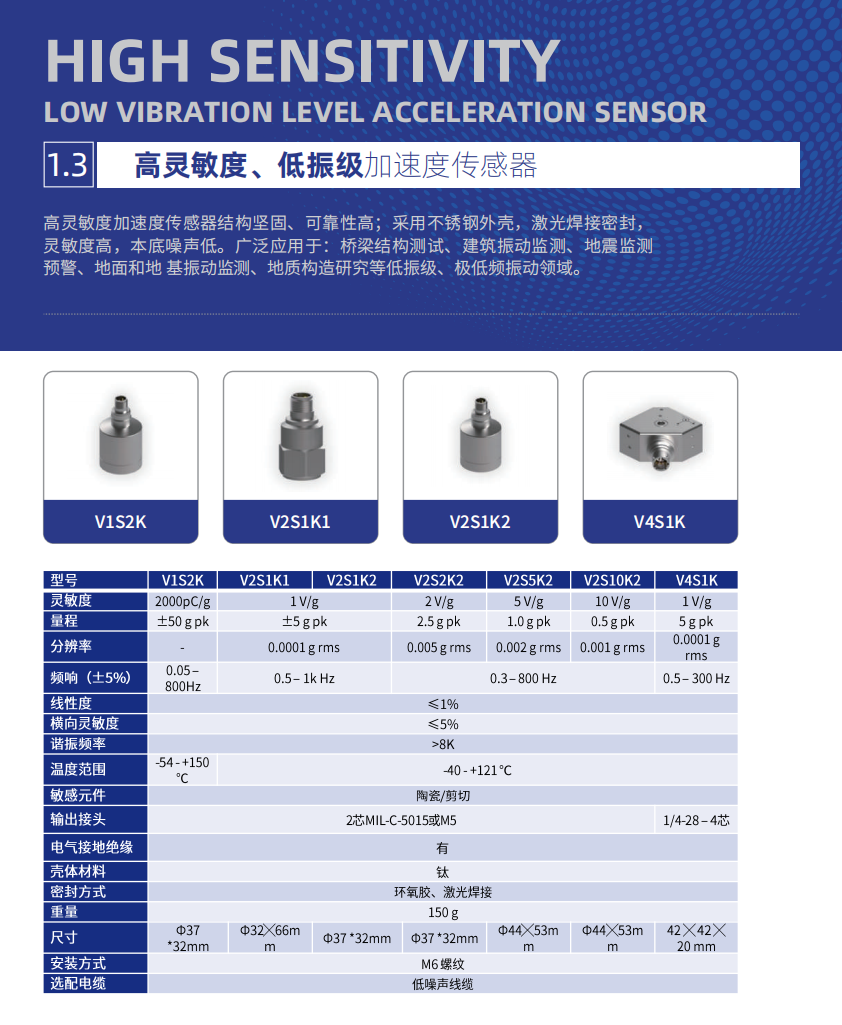 高靈敏度、低振級加速度傳感器